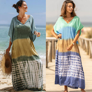 New Arrival Man Cotton Tie-Dye Beach Robe Loose Long Dress Seaside Holiday Sun Protection Suit Bikini Swimsuit Blouse Outer Wear
