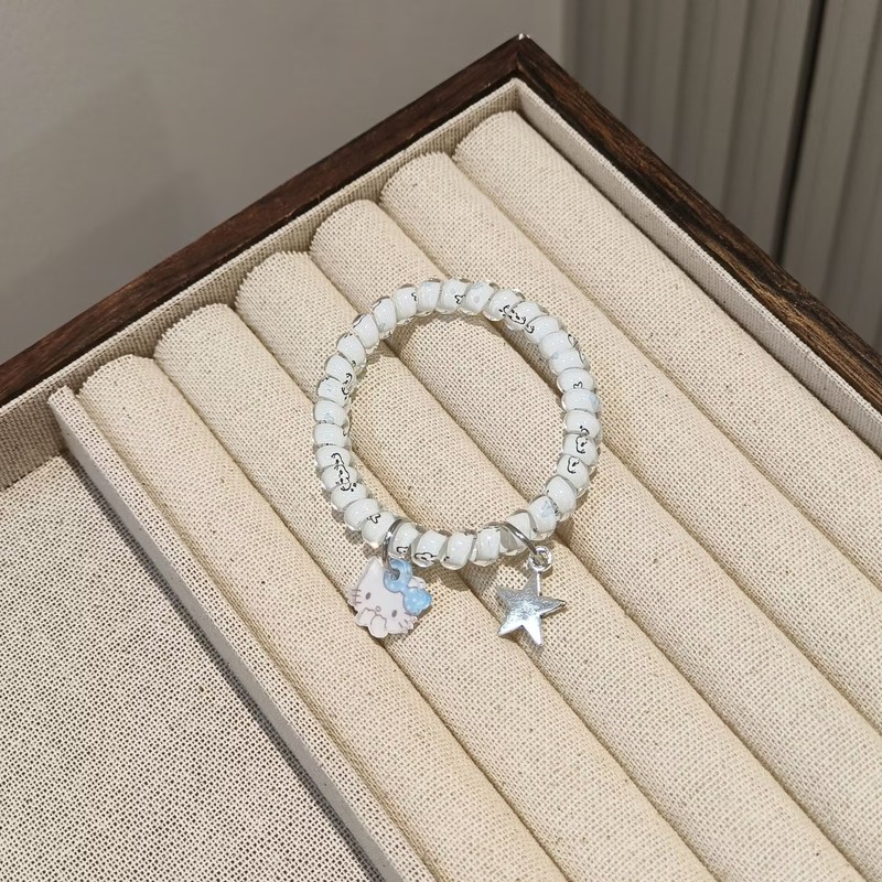 蓝粉色吊坠猫咪星星印花电话线发圈高弹力无痕发绳甜美可爱发饰|undefined