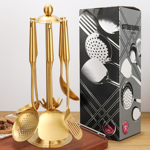 Cross-border Stainless Steel Spatula Kitchen Cooking Tools Soup Spoon Large Strainer Stir-Fry Shovel Ladle Set – Gold-Colored Gift Set