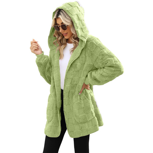 Women's 2024 New Winter Knit Plaid Embroidered Hooded Pockets Plush Cardigan Jacket for Cross-Border Amazon in Europe and America