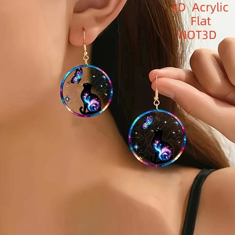 国境を越えた新製品塗装蝶ボヘミアンスタイルシリーズアクリル 2D ラウンドファッション惑星猫イヤリング|undefined