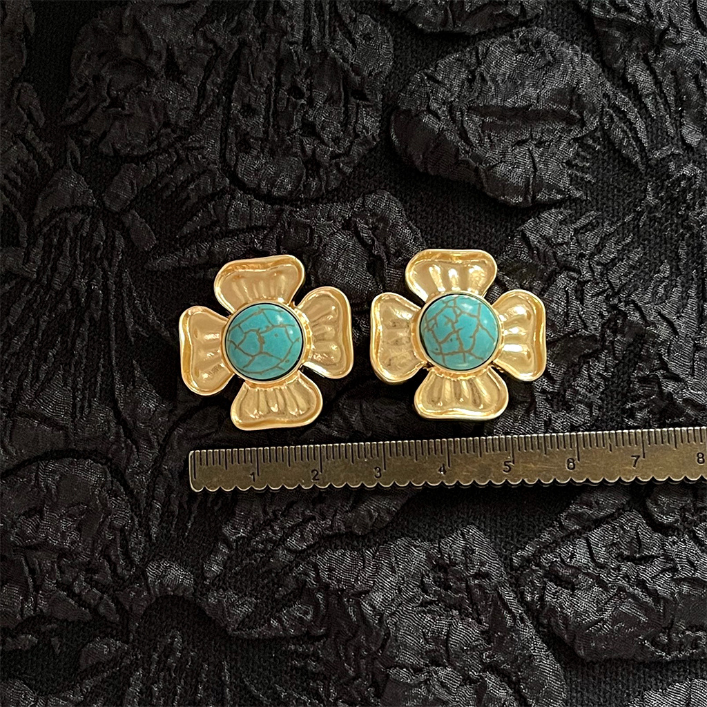 5g Weight Bracelets, Earrings Classification Copper Material Star, Turquoise, Oval Pattern 1999 Vintage Turquoise Gold Earrings Collection Vintage Bohemia Style Grids Geometric Pattern Copper Jewelry Women Fashion Accessories 5