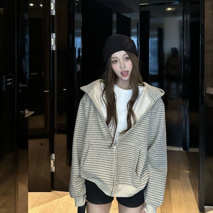 2025条纹连帽拉链外套小众运动休闲宽松美式开衫卫衣春秋季女百搭|undefined