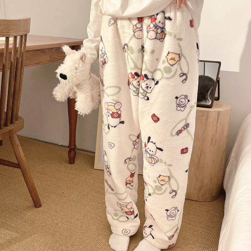 Pantalones de pijama de franela de dibujos animados de otoño y invierno para mujeres con pantalones de lana de coral caliente para estudiantes de lana de invierno para el hogar
