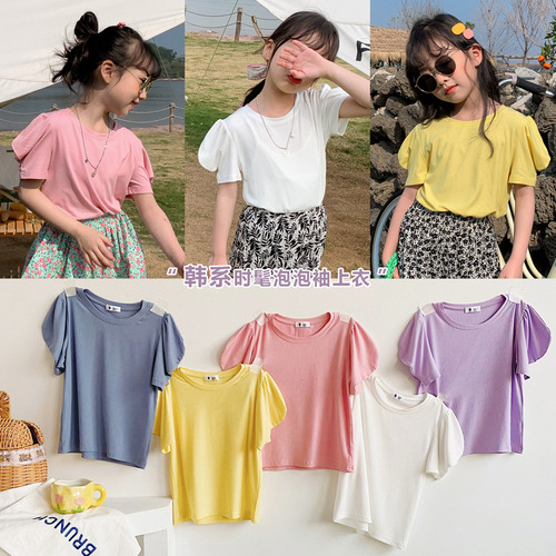Korean style girls puff sleeve T-shirt summer style  new solid color high elastic short-sleeved t children's outer wear foreign style top