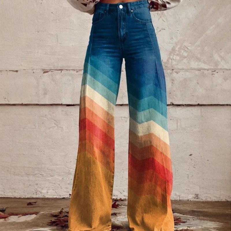 2025 Cross-Border New American Style Women's Wide-Leg Slightly Flared Straight High-Waisted Loose Jeans