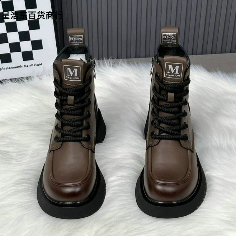 Ботинки Martens‑style низкие с тёплой подкладкой, противоскользящая платформа, чёрные/коричневые, 35–40