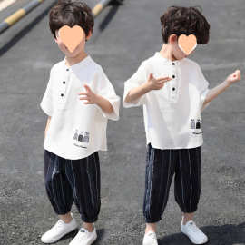 儿童装男童夏装套装棉麻短袖2025新款夏季中大小童洋气两件套汉服