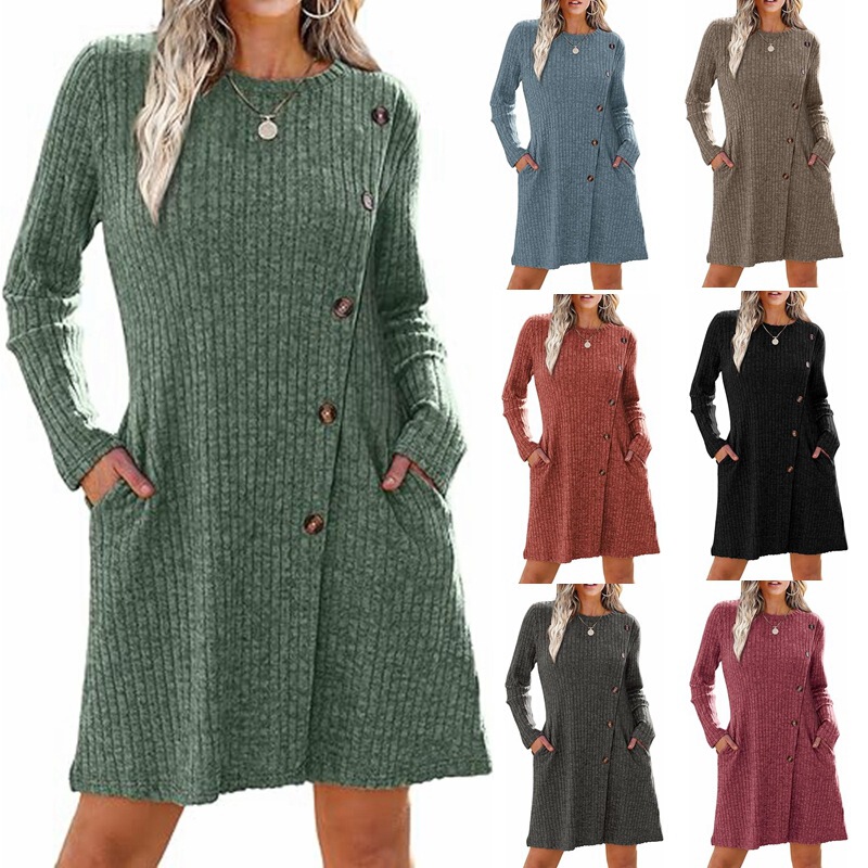 2025 European and American Export Cross-Border Women's Clothing Amazon's Popular Round Neck Side Button Flap Pocket Pants Long-Sleeved Waist Dress 2025 European and American Export Cross-Border Women's Clothing Amazon's Popular Round Neck Side Button Flap Pocket Pants Long-Sleeved Waist Dress