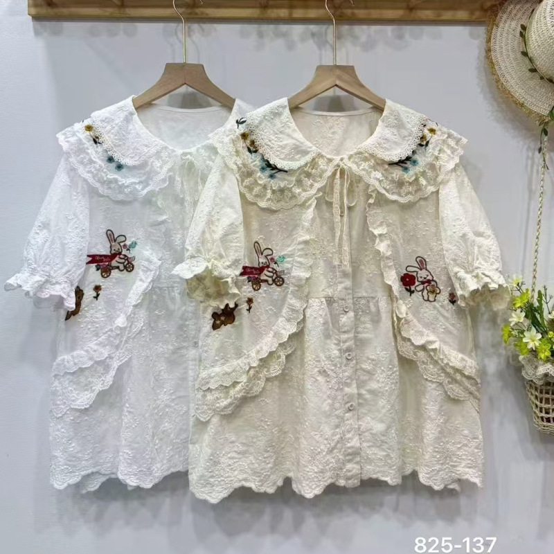 825137 Forest-Style Cute Embroidered Girl Lace Large Lapel Loose Short-Sleeved Shirt Age-Reducing Versatile Top Retro 825137 Forest-Style Cute Embroidered Girl Lace Large Lapel Loose Short-Sleeved Shirt Age-Reducing Versatile Top Retro