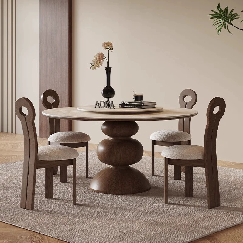 Обеденный стол из травертина в стиле ретро с поворотной платформой для небольших квартир, современная мебель, простой стиль ваби-саби, круглый стол из массива дерева