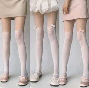 Korean Versatile Bowknot Cat Stockings for Women Lolita Pure Desire Style Slimming Black Silk Leggings Pure Desire Style