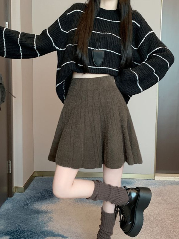 灰色针织半身裙女秋冬小个子高腰显瘦百褶裙遮挎气质百搭A字短裙|undefined