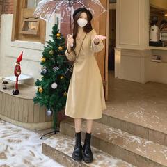 感初恋の茶休スカートvネックにコートのロングスカートの女性の秋のフランスの優しい風のワンピースの独特な婦人服のファッション
