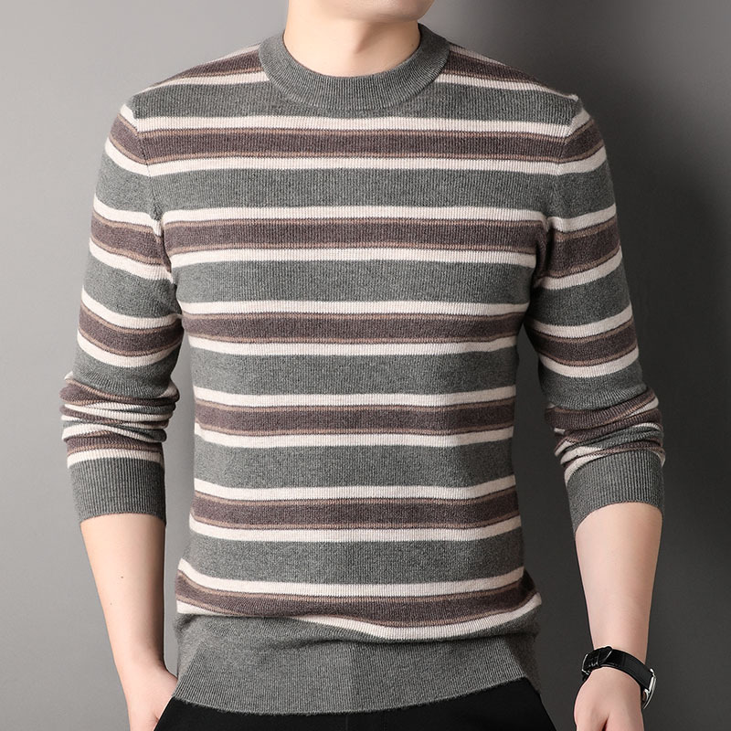 Korean style striped thick youth sweater men's 100% pure wool round neck sweater trendy autumn and winter woolen sweater men's