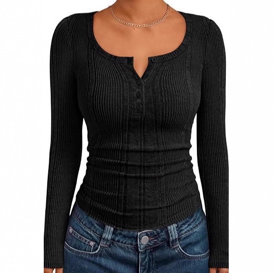 Amazon Cross-Border European and American Clothing 2025 New Women's Henry Collar Ribbed Long-Sleeved Shirt Autum Commuter T-Shirt