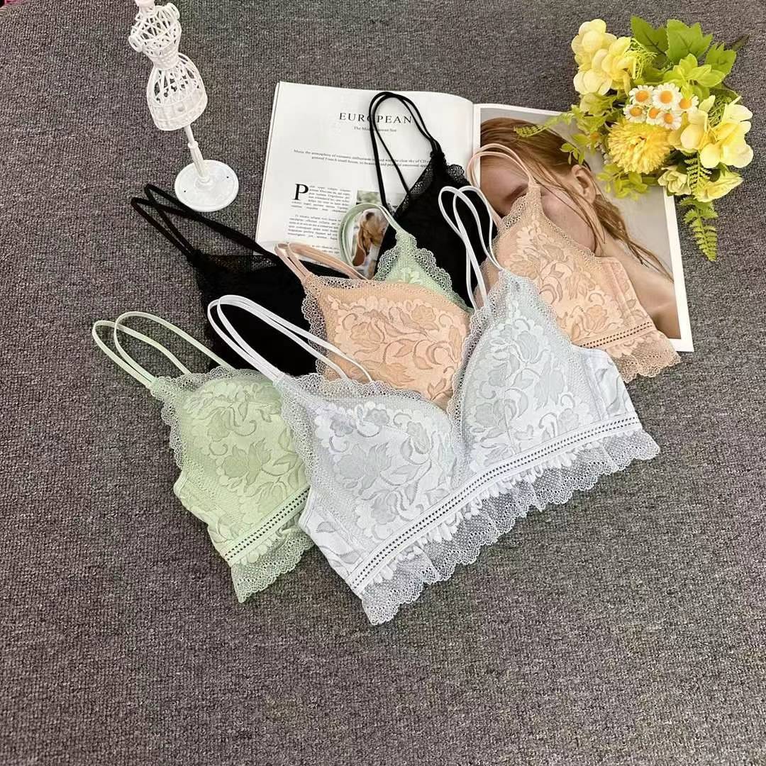 Bra de encaje del sudeste asiático, ropa interior de mujer, bra de copa triangular francesa, verano sin anillo de acero, copa delgada, algodón sexy y cómodo para la piel