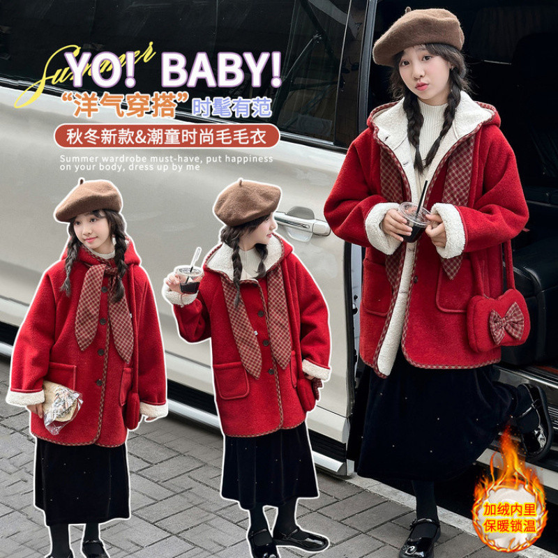 Zhili children's woolen coat, winter children's red fleece-lined hooded New Year's outfit, girls' clothing for autumn and winter.
