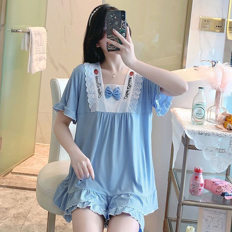 Pijama de verano mujer dulce encaje suelto con cuello en v pantalones cortos de manga corta estilo princesa estudiantes lindos pueden usar hilo de seda de hielo afuera
