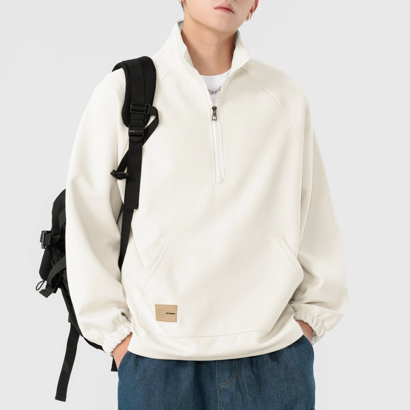 Autumn and Winter New Japanese Style Heavyweight Half-Zip Pullover Sweatshirt for Men, Trendy Brand Solid Color Long-Sleeve Casual Men's Top