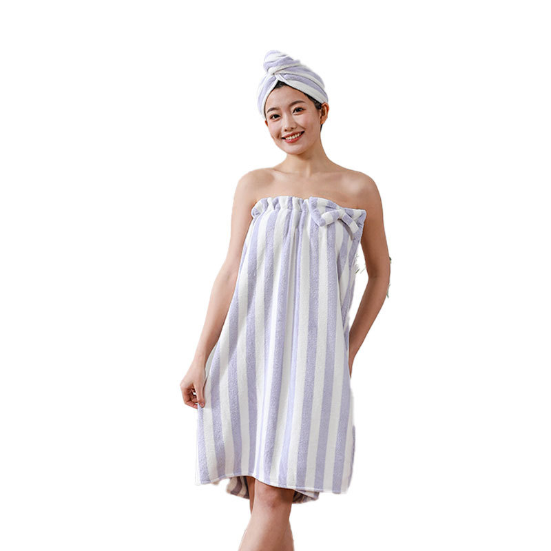 새로운 와이드 스트라이프 코랄 플리스 목욕 스커트 헤어 드라이드 모자 헤어 타월 세트 스트랩리스 목욕 타월 착용 여성용 스트랩리스 목욕 스커트