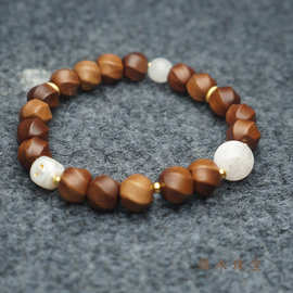 天然老山檀檀香雕刻件 螺纹珠 雪花幽灵 白玉 原创文玩单圈手串链