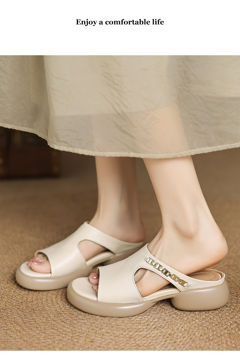 Dép sandal nữ da cừu miệng cá đế dày gót cao nhẹ — đen chi tiết 2