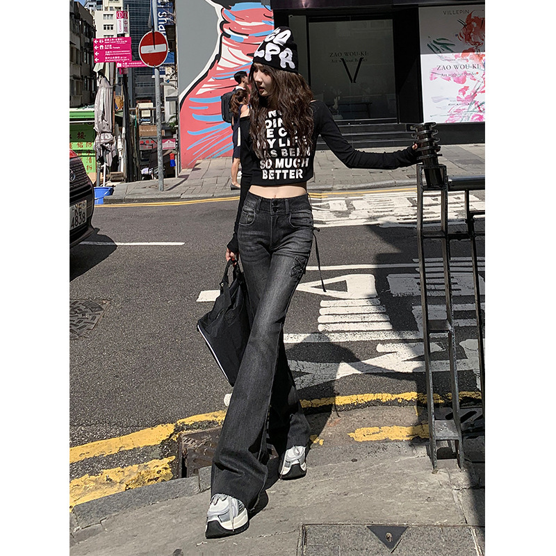 가을과 겨울 2024 빈티지 더블 버튼 마이크로 풀 청바지 여성용 활 스트레치 경적 바지