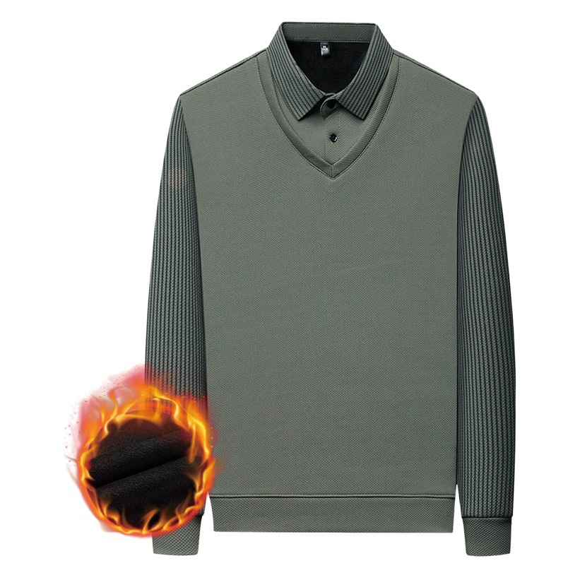 De invierno de los nuevos hombres de la solapa a rayas camiseta medio verde de los hombres de moda casual falso de dos piezas de moda de fondo superior al por mayor