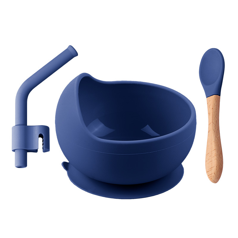 구형 실리콘 그릇 [다크 블루] + 나무 손잡이 스푼 + 빨대