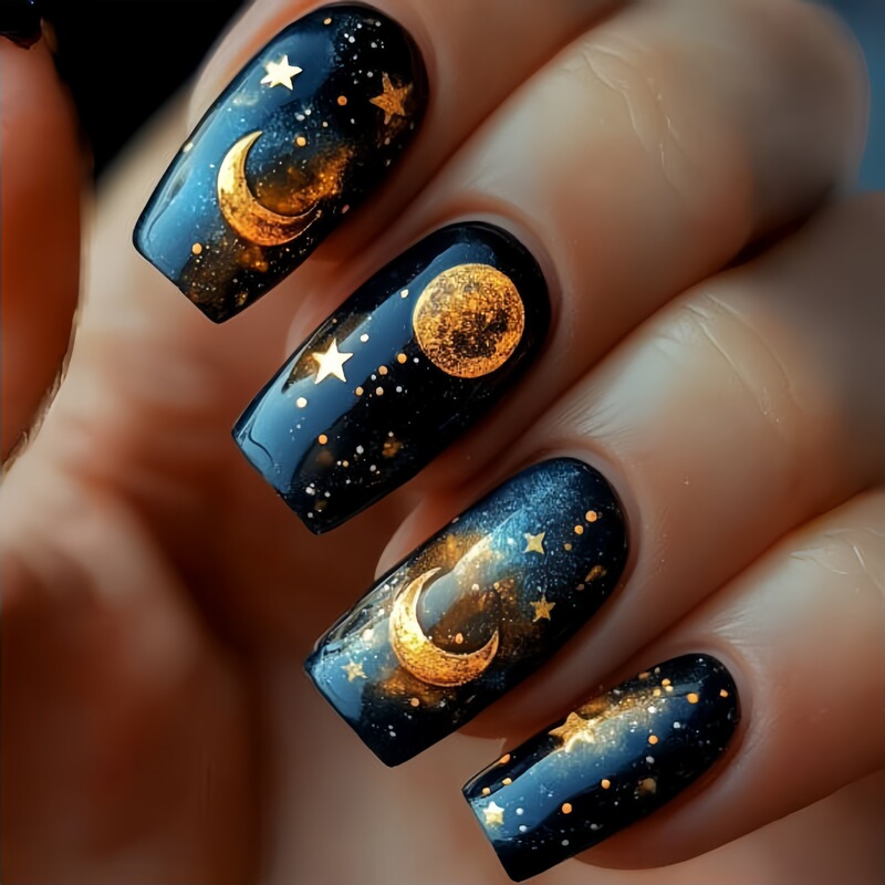 Medium and Long Manicure Patches 24 Pieces of Fake Nails Black Manicure Multi-Color Manicure Starry Sky Moon Pattern