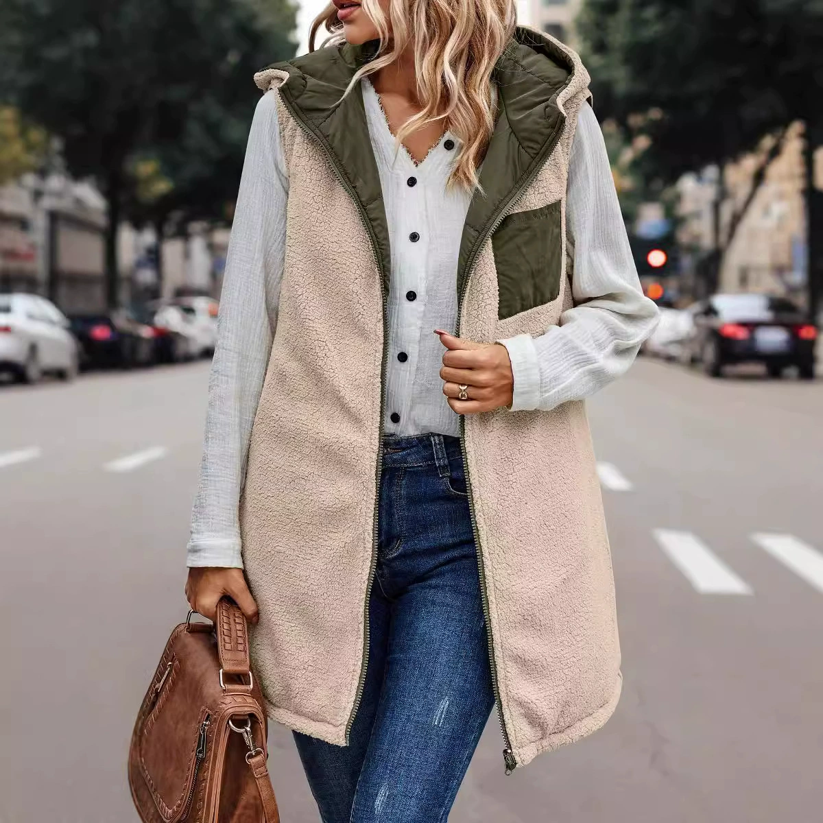  Colored down jacket with hood, double-sided vest, cardigan, 2023, European style, slim fit