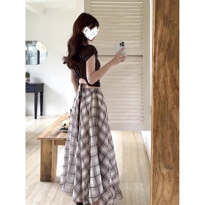 美式复古设计感撞色不规则条纹半身长裙女新款高腰a字长裙大摆裙|undefined