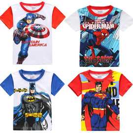 男童短袖T恤儿童休闲卡通印花超人英雄美国队长蝙蝠侠 蜘蛛侠短袖