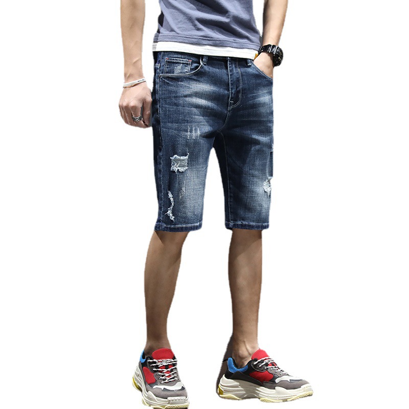 2022 Men's Denim Shorts Summer Thin Fashionable Loose Medium Pants Five-point Seven-point Hole Five-point Seven-point Breeches
