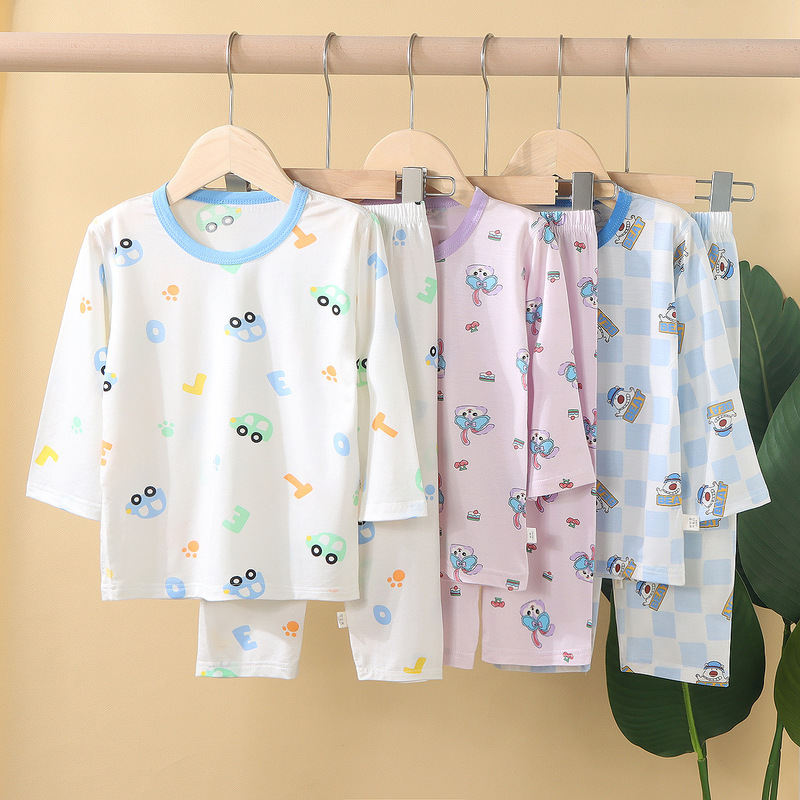 Children's Pajamas Summer Thin Tencel Modal Lyocell Boys' and Girls' Medium Long Sleeve Air-conditioning Clothing Home Clothes