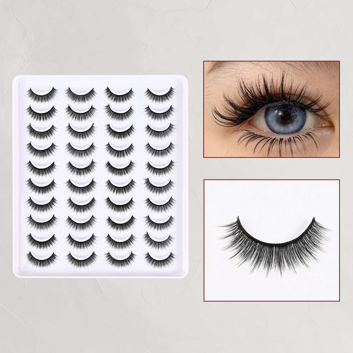 Conjuntos de caja transfronterizos de una sola pieza de pestañas falsas naturales gruesas y delgadas, 20 pares de cabello suave flojo.