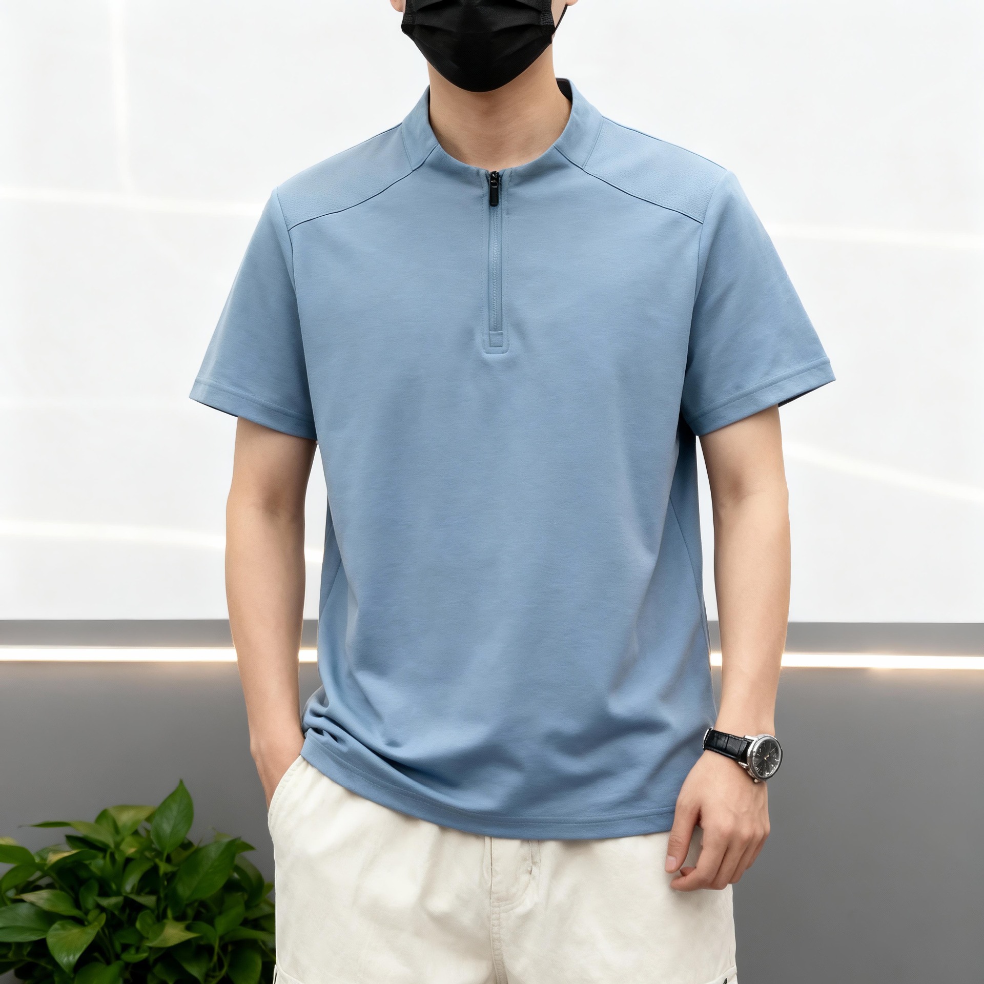Transfronterizos al aire libre para hombres secado rápido camiseta de manga corta para hombres 2026 verano delgado cuello medio cremallera camiseta casual transpirable