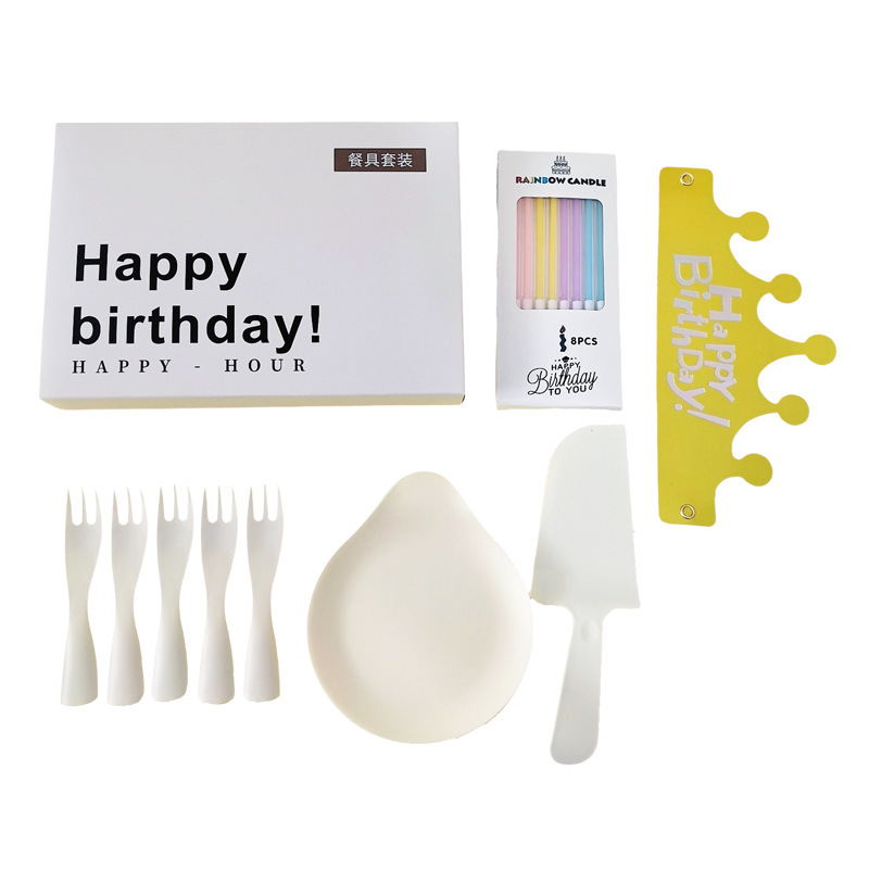 カスタマイズされた誕生日ケーキカトラリーセット使い捨てカトラリーウォータードロッププレートセットウェーブフォークキャンドル誕生日帽子|undefined