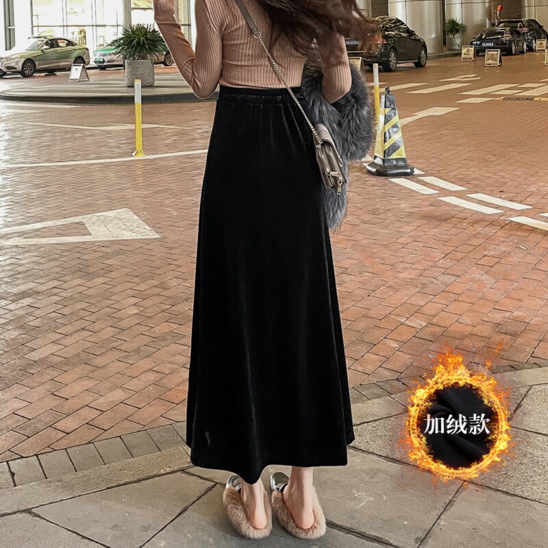 Spring New Style Velvet Skirt for Women, Black Long Drapey Skirt, New Velvet Slimming A-Line Skirt