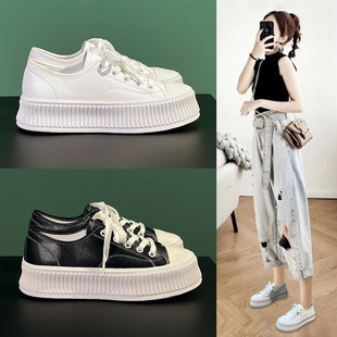 Genuine Leather White Shoes for Women 2025 Spring New Thick-Soled Heightening Versatile Biscuit Shoes for Women Casual Sneakers Platform Shoes