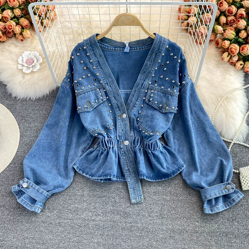 Джинсовая осенняя куртка, fashionable short brace, корейский стиль, V-образный вырез