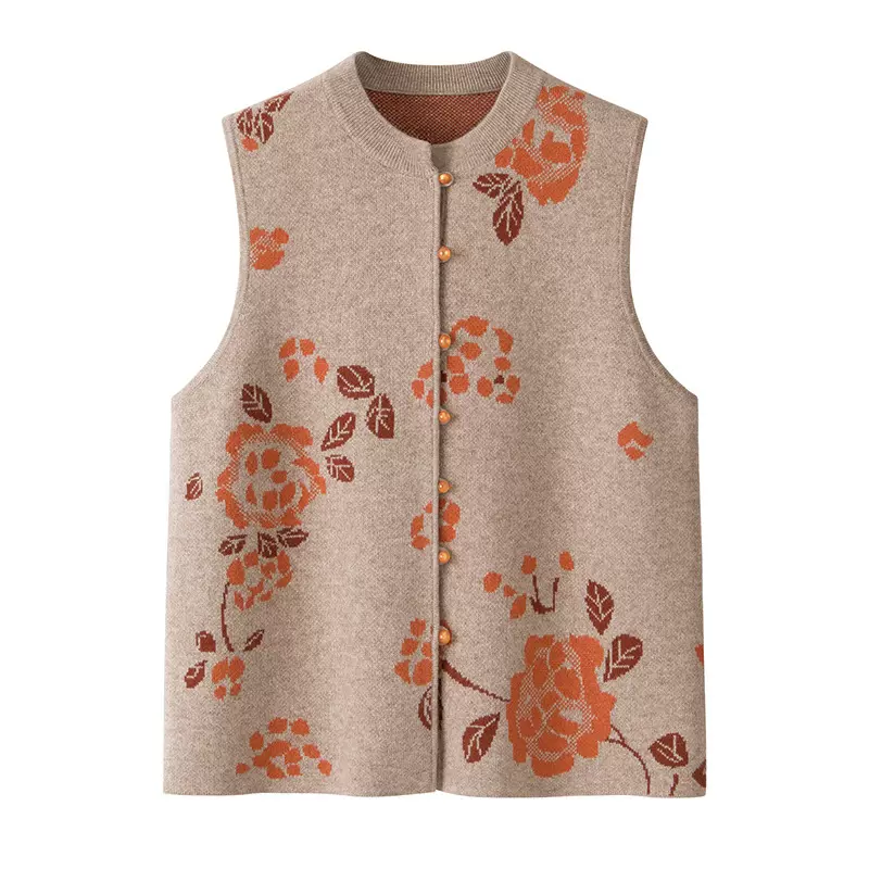 100纯羊毛宽松背心双提加厚保暖复古羊毛马甲 女立领中式保暖坎肩