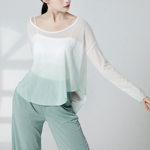 Gradient mesh top, off-shoulder long-sleeved modern dance practice clothing, female performance outfit, adult classical dance gauze clothing