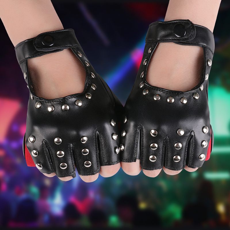 Danza de las mujeres guantes medio dedo rendimiento corto cyberpunk remache pole dance dedo abierto Hip Hop discoteca guantes de cuero