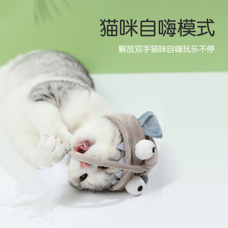 卸売りの創意的な頭は羽をかぶって猫の棒の小さい恐竜の猫の頭をからかいます。|undefined