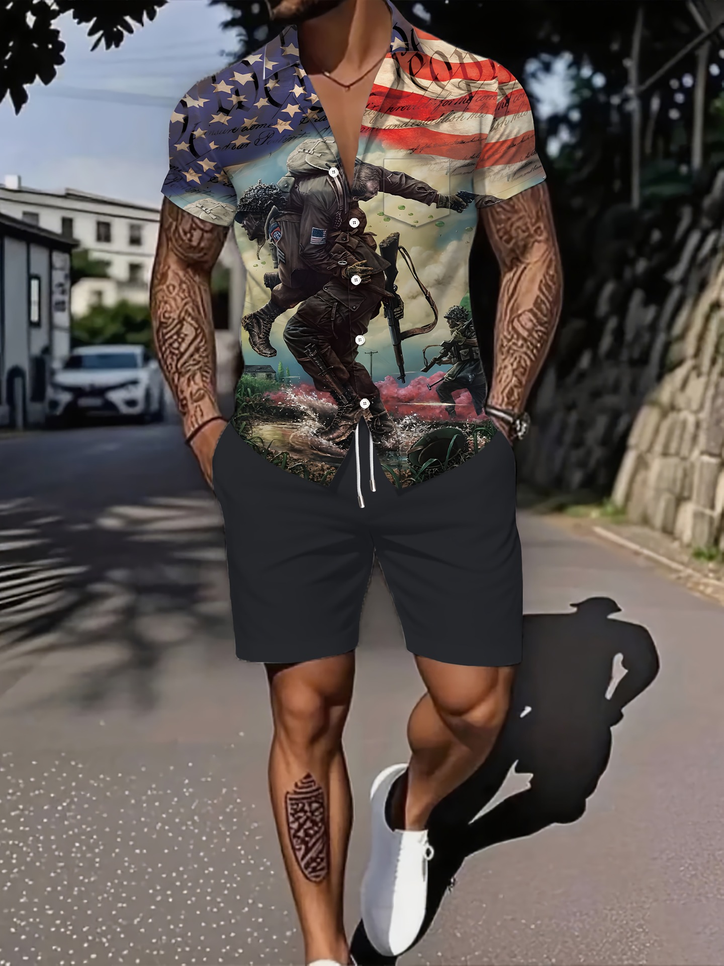 Ensemble deux pièces pour homme : chemise à manches courtes respirante et ample, imprimé lettres, style décontracté idéal pour l'été._voghion.com