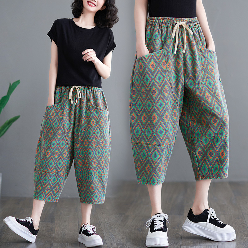 Printed Denim Pants for Women 2026 New Summer Style Loose Plus-Size Elastic Waist Drawstring Cropped Harem Pants for Women
