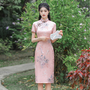 Pink robe Chinese Dresses retro cheongsam temperament elegant cultivate Chinese Dresses retro cheongsam Qipao morality show thin jacquard