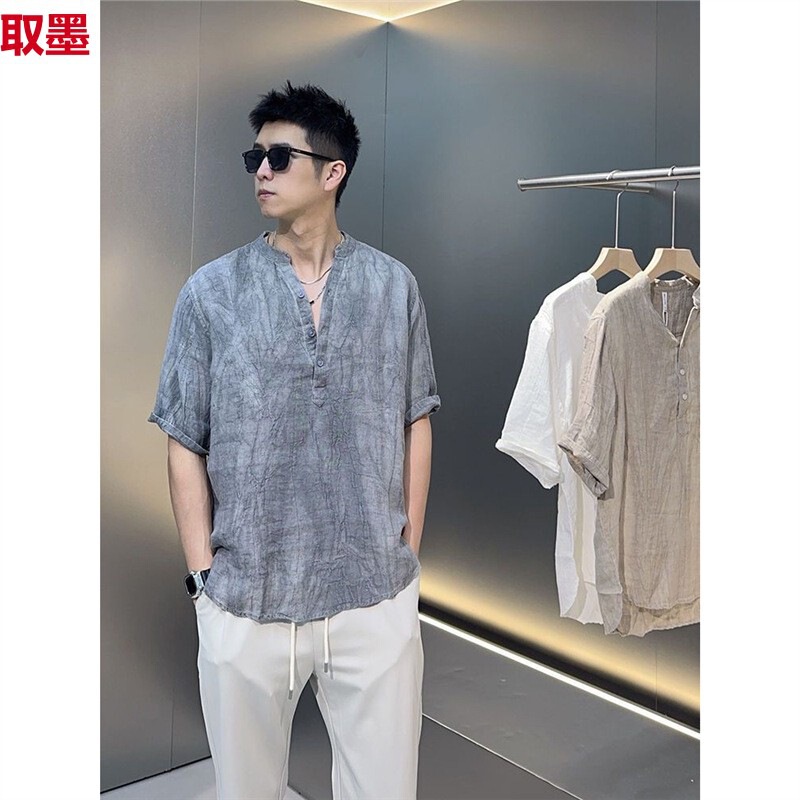 2024 Summer New Style Linen Shirt New Chinese Style Loose V-Neck Half Sleeve Pleated Short Sleeve Shirt for Men